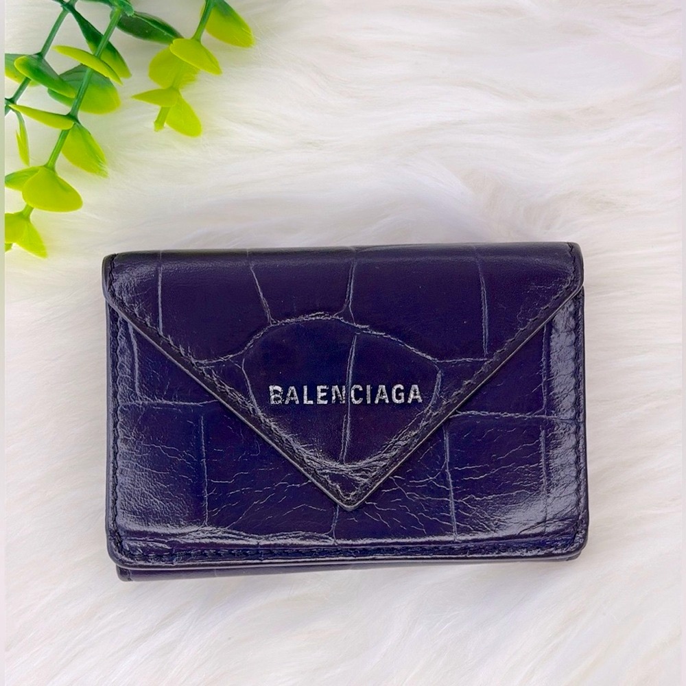Balenciaga Navy Blue Croc-Embossed Trifold Compact Wallet